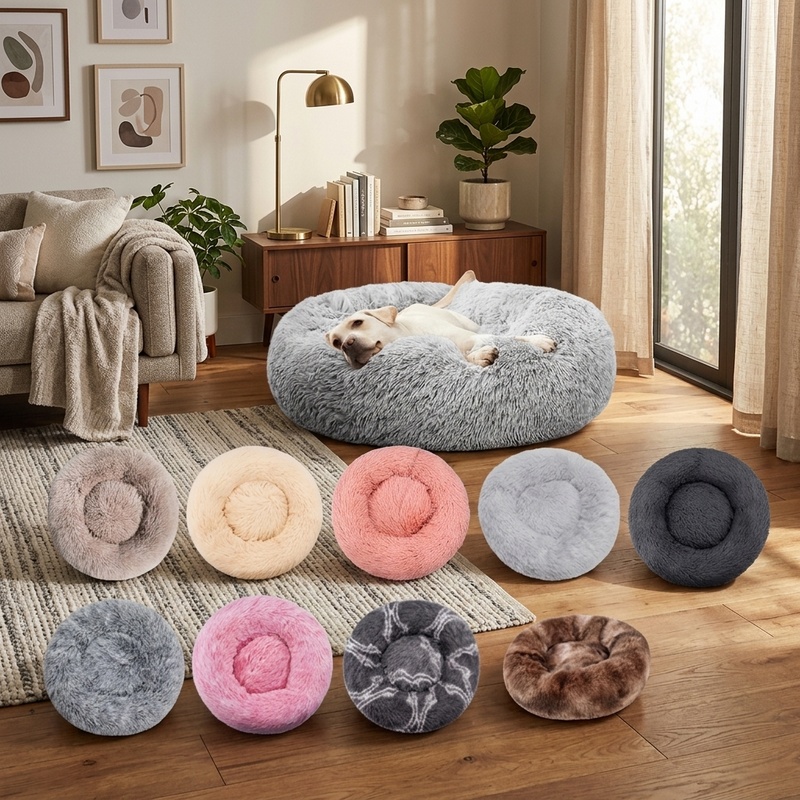 Calming Dog Bed - Cama Redonda de Pelúcia para Cães,